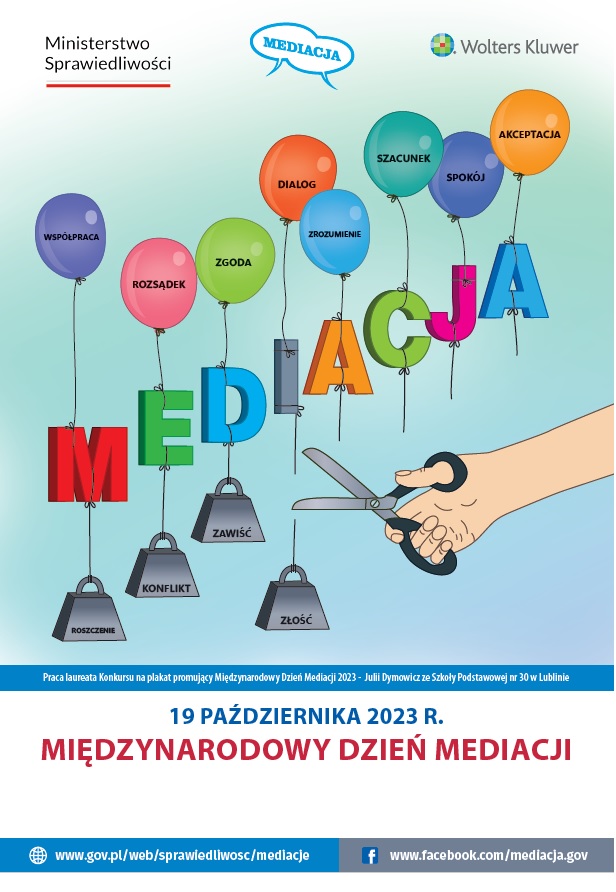 Plakat Ministerstwa Sprawiedliwości opublikowany w związku z Międzynarodowym Dniem Mediacji 19 października 2023